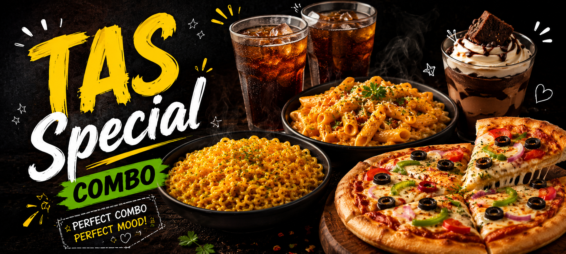 Pizza + Maggi + Pasta + 2 Drinks + Dessert - TAS Special Combo - TAS Cafe Noida