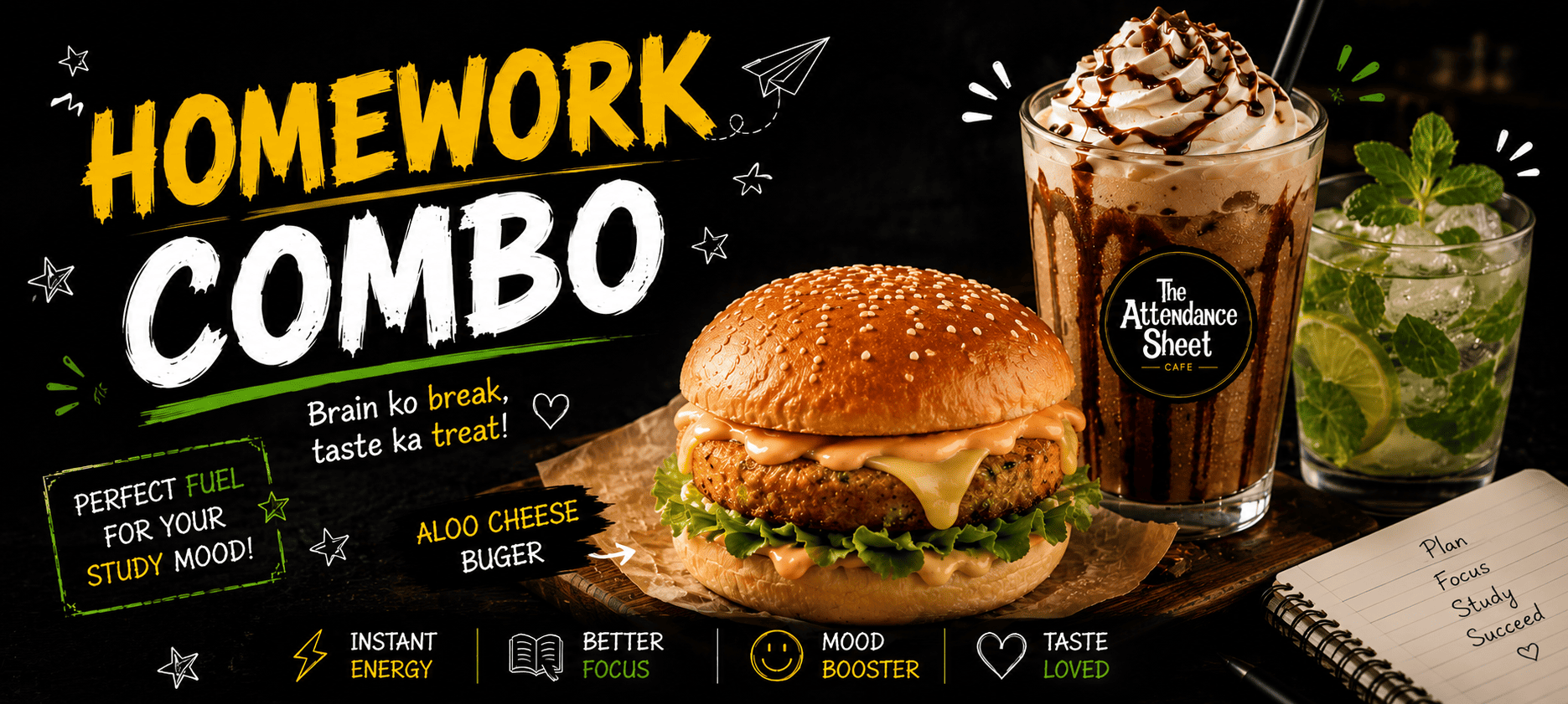 Aloo Cheese Buger + Cold coffe/virgin mojito - Homework Combo - TAS Cafe Noida
