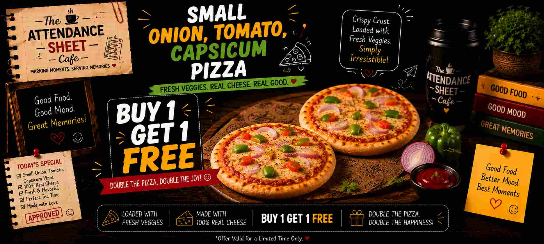 Onion, tomato, capsicum pizza - Happy Hours - TAS Cafe Noida