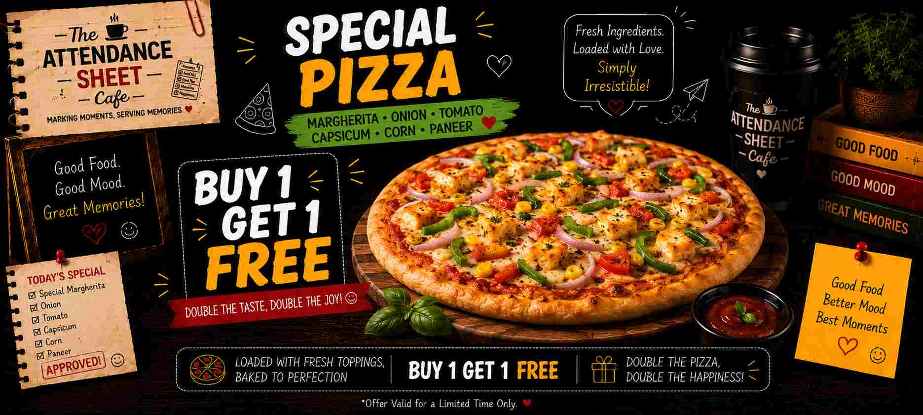 Special Margherita, Onion, Tomato,  capsicum, Corn, Paneer Pizza - Happy Hours - TAS Cafe Noida