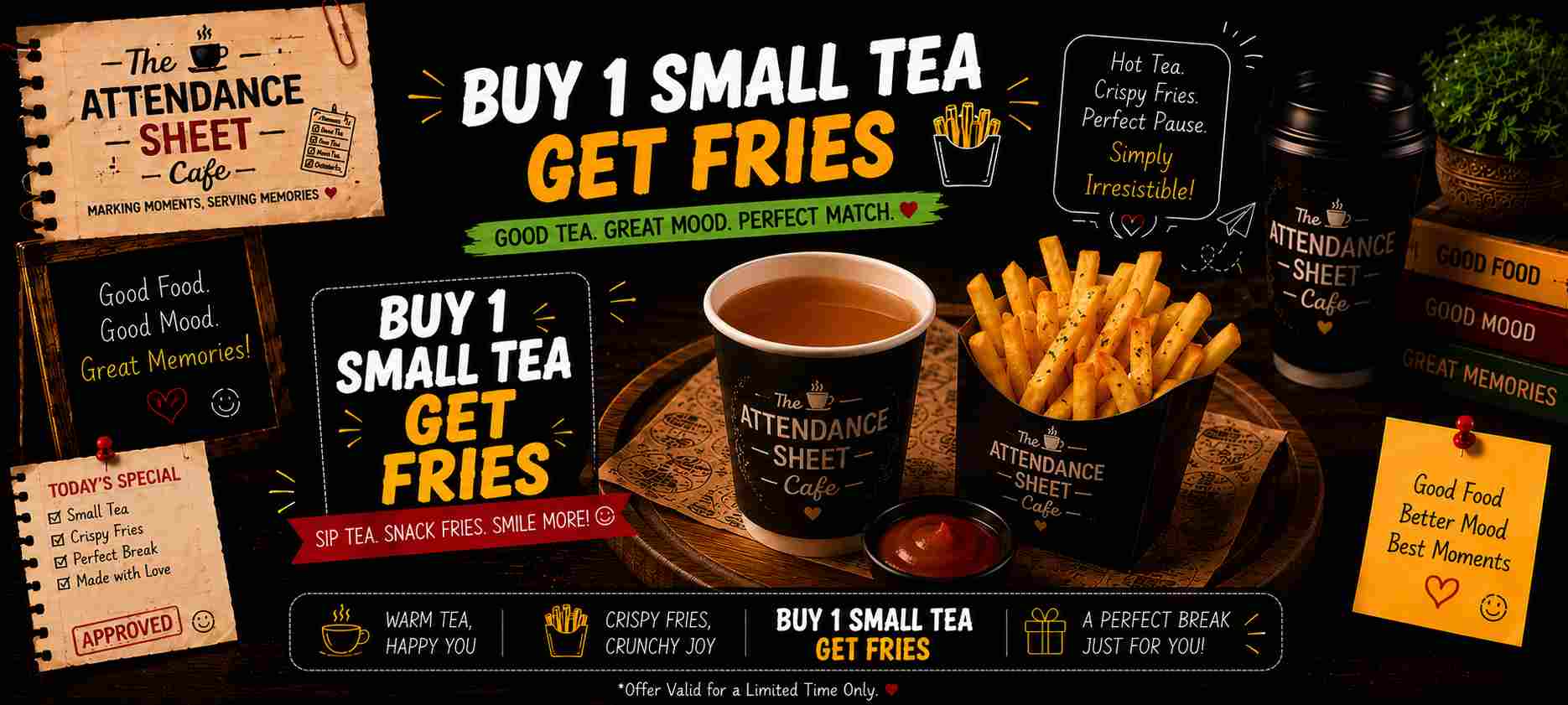 Buy 1 Small tea Get fries - Happy Hours - TAS Cafe Noida