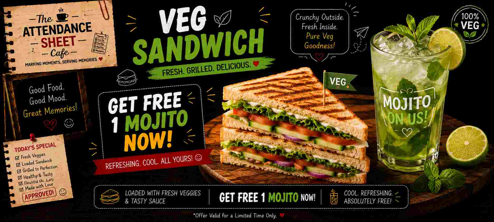 Veg Sandwich Get 1 Mojito free - Happy Hours - TAS Cafe Noida