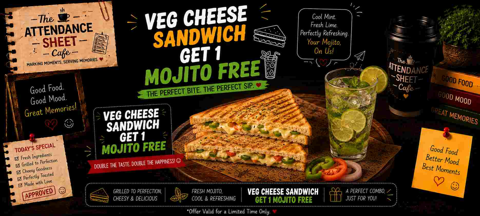 Veg Cheese Sandwich Get 1 Mojito Free - Happy Hours - TAS Cafe Noida