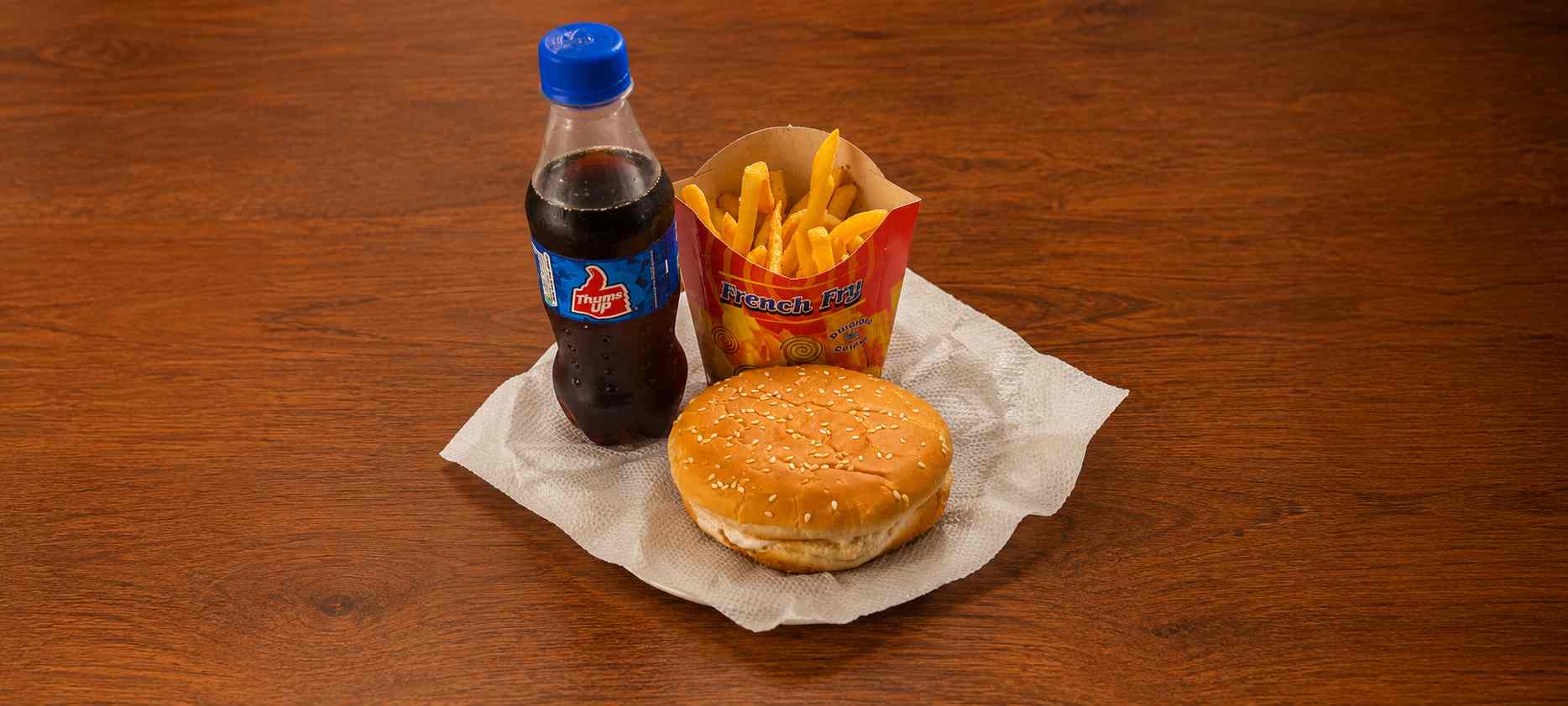 Aloo Tikki Burger + Fries + Drink - Recess Combo - TAS Cafe Noida